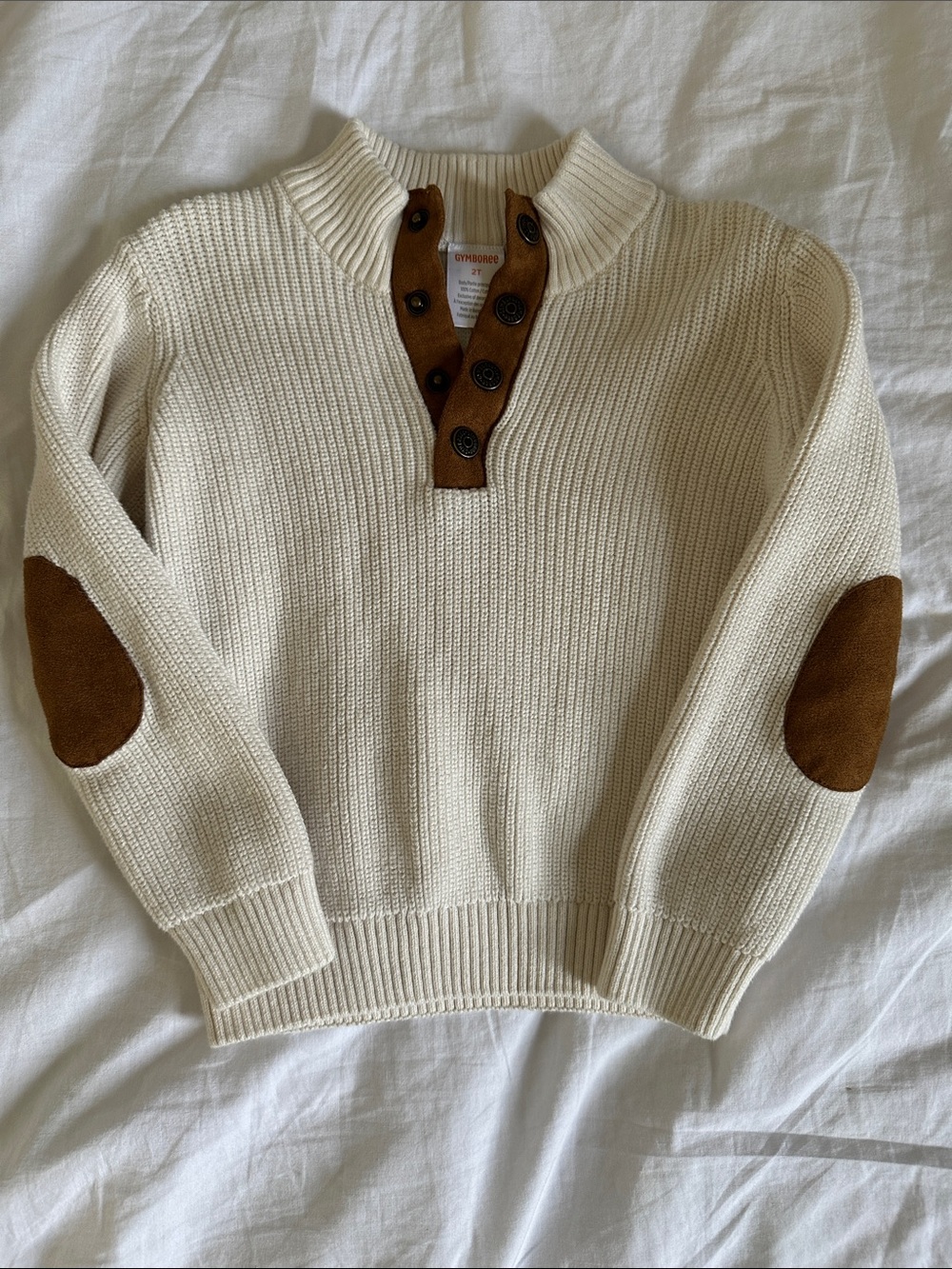 Gymboree Cream Zip-Up Sweater with Brown Elbow Patches